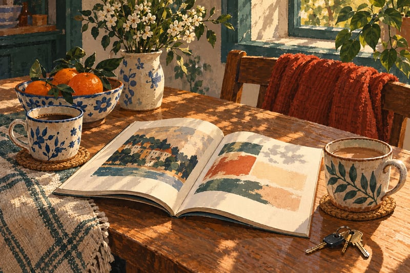 Illustration eines geöffneten Magazinhefts neben Schlüsseln und zwei Tassen auf einem Holztisch.