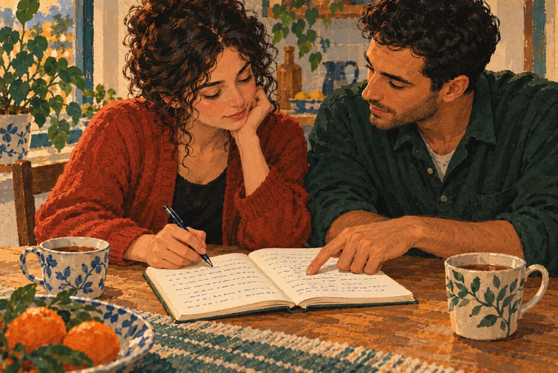 Illustration zweier Hände, eines Wörterhefts und zweier Tassen an einem Tisch.