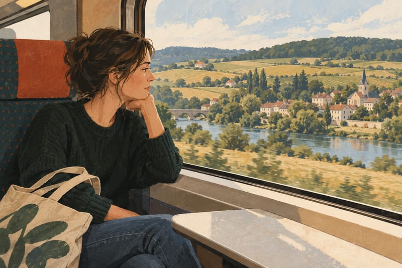 Illustration einer erwachsenen Person mit Stofftasche am Fenster eines Zuges.