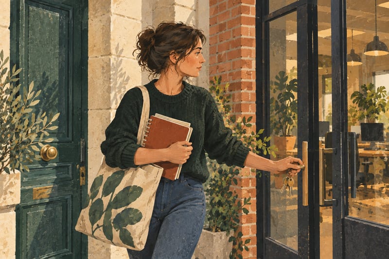 Illustration einer erwachsenen Person mit Stofftasche zwischen zwei angedeuteten Türen.