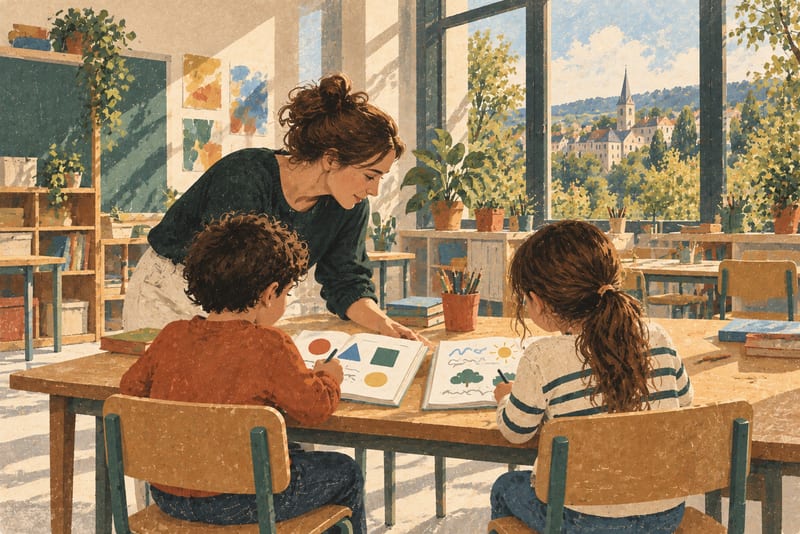 Dans une classe lumineuse, deux élèves travaillent côte à côte dans des cahiers ouverts tandis qu’une enseignante les accompagne.